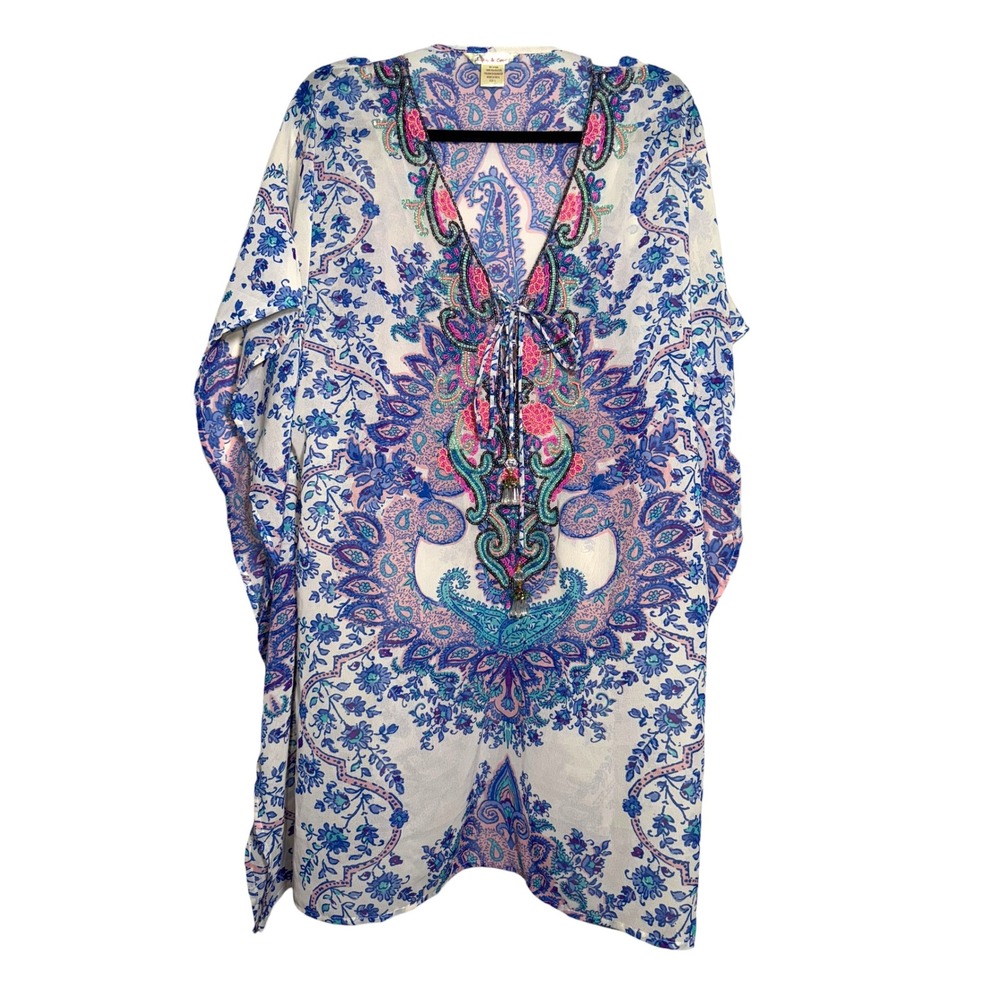 Lucky & Coco Beaded Paisley Kaftan Cover Up Tunic L Boho Resort Beach Kimono